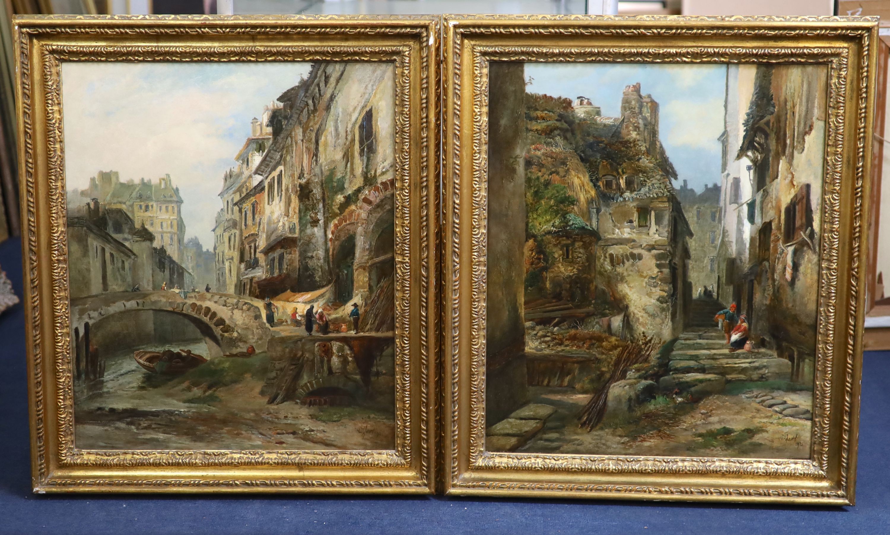 James Vivian de Fleury (1847-1902), French town scenes, Oil on canvas, a pair, 60 x 50cm.